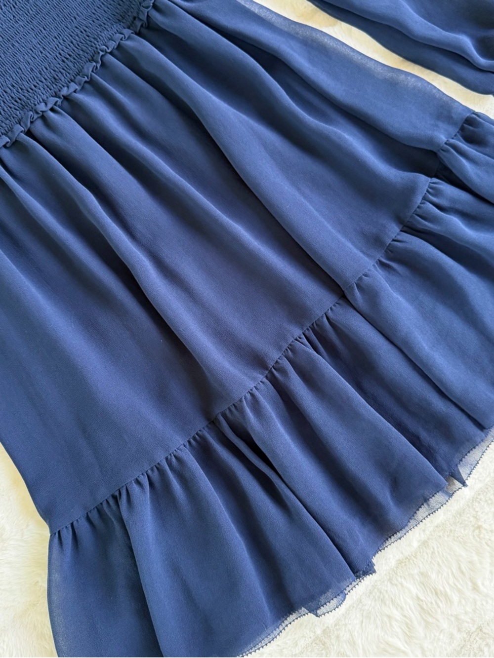 NOT FOR SALE Wilfred Navy Smocked Mini Dress Sheer Sleeves Size S - Picture 9 of 11